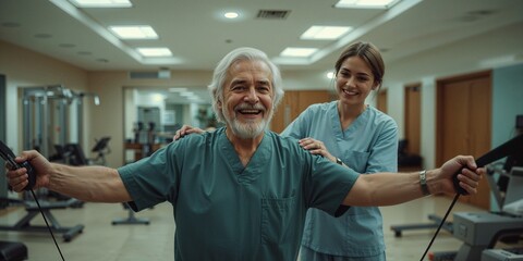 Happy Senior Man Engaged in Physical Therapy with a Supportive Female Therapist at a Rehabilitation Clinic