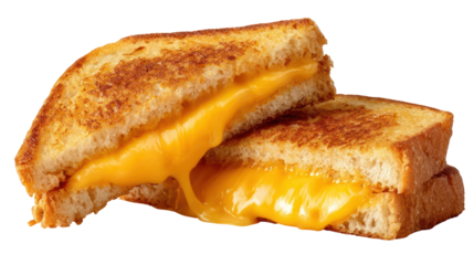 Classic grilled cheese sandwich cut in half with gooey melted cheese on transparent background