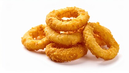 Deliciously Crispy Golden Fried Onion Rings Piled on a Bright White Background Evoking Tasty Indulgence