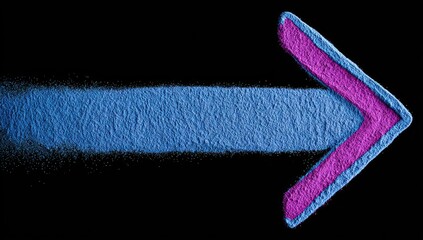 A textured arrow points right, with a vibrant purple tip and a streaked blue body against a black background