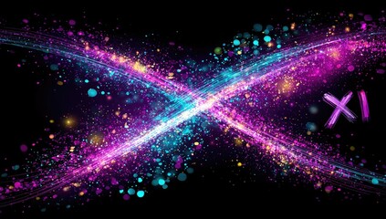 Abstract image of two intersecting, vibrant streaks of light, filled with glittery particles in magenta, teal, and gold. A large X is subtly superimposed
