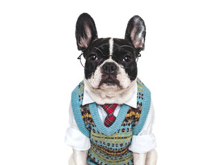 Cute puppy, glasses, vest and red tie. Close-up, isolated background. Studio shot, day light. Concept of care, education, obedience training and raising of pets