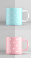 Two mugs, one light teal, one light pink, patterned with white polka dots