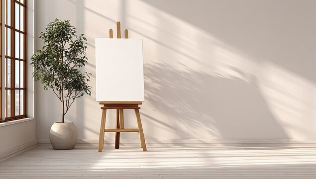Empty canvas on easel in sunlit room