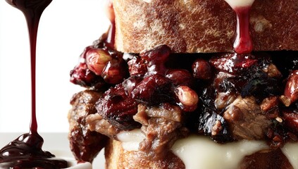 Close-up of a stacked sandwich with a rich, dark sauce dripping down the side