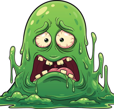 Cartoon green monster creature with expressive face screaming and looking terrified on white background