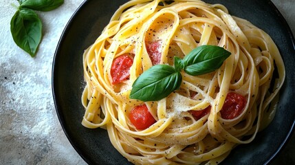 Enjoy a tasty fettuccine dish topped with cherry tomatoes and fresh basil