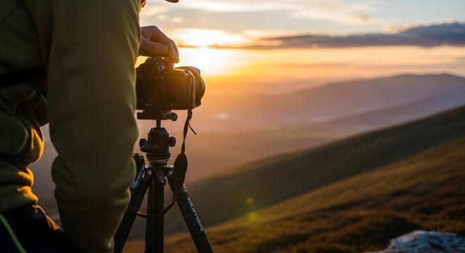 Photographer adjusting camera on tripod, capturing a beautiful sunset over the mountain range.