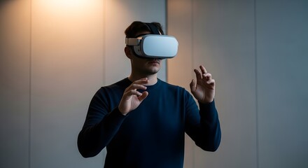 Young man immersed in virtual reality, interacting with a digital environment using a VR headset.