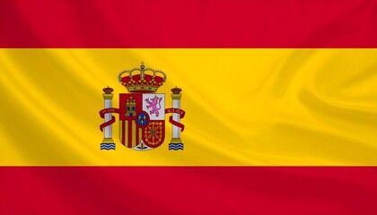 Obraz premium Spanish flag with red-yellow-red horizontal stripes, left-aligned ornate coat of arms featuring shield, crown, and historic symbols