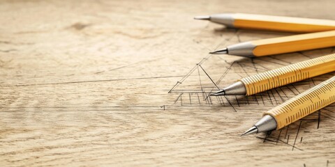 A close-up of drafting tools on a wooden surface, showcasing precision instruments used for technical drawing and design.