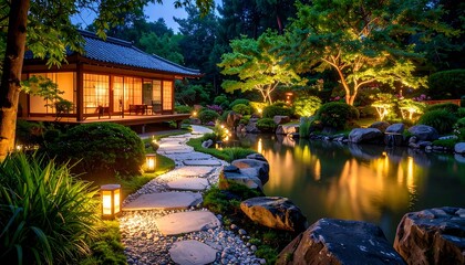 Walking Path Leading to House and Pond with Night Illumination