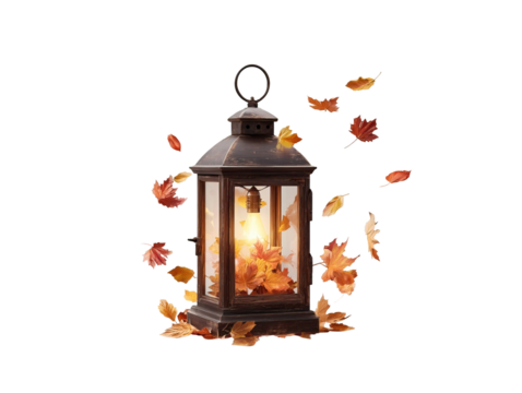 Rustic Lantern with Soft Warm Light and Maple Leaves on Transparent Background

