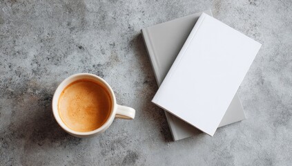 A cup of coffee sits beside two gray and white books on a mottled gray surface