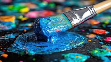 Fototapeta premium A brush is dipped in rich blue paint while vibrant colors surround it on the surface