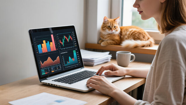 Woman analyzing colorful data charts on laptop while working from home with cat sitting by the window