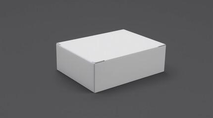 Blank white wide flat box with closed hinged flap lid on dark wooden background. Clipping path around box mock up. 3d illustration