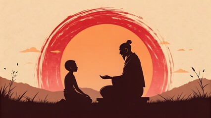 Master and student in silhouette facing a large red sun at sunset