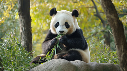 Fototapeta premium An adorable panda in a zoo eating bamboo leaves 