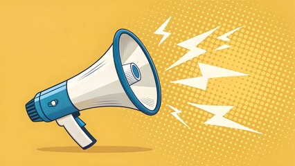 Retro megaphone announcing with sound waves and lightning bolts