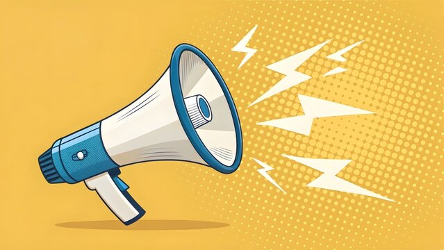 Retro megaphone announcing with sound waves and lightning bolts