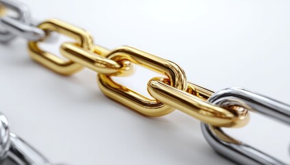 Obraz premium Close-up of a golden chain link with a silver chain