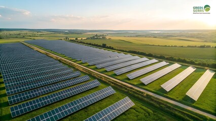 Top view of solar panels farm. Solar panels are an ecological and efficient solution for producing electricity from renewable sources.Green economy energy and sustainable.