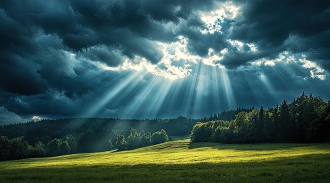 Dramatic sunbeams pierce dark clouds over a grassy field - Powered by Adobe
