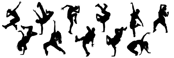 Dancers, boys and girls in different poses dancing modern dances. Silhouettes of people doing choreography. Ideal for advertising dances, choreography, hip-hop, modern.