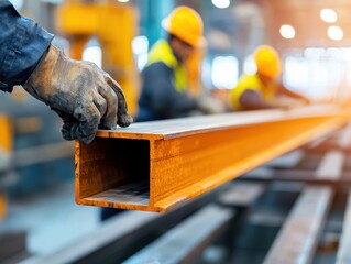 Engineer structural management Concept. Construction worker handling steel beam in industrial setting.