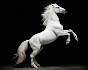 Majestic white horse rears up powerfully against stark black background. Mane, tail flow dynamically, suggesting speed, untamed energy. Striking image captures purebred equine grace, strength, wild