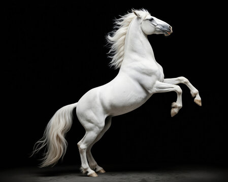 Majestic white horse rears up powerfully against stark black background. Mane, tail flow dynamically, suggesting speed, untamed energy. Striking image captures purebred equine grace, strength, wild - Powered by Adobe