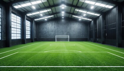 Indoor soccer field features artificial turf under bright overhead lighting. Modern sports facility includes clean white markings on green pitch, goal with net, large windows. Suitable for soccer