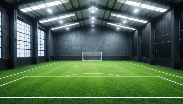 Indoor soccer field features artificial turf under bright overhead lighting. Modern sports facility includes clean white markings on green pitch, goal with net, large windows. Suitable for soccer