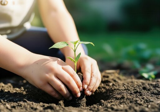 Close-up of a child's hands planting a young seedling in the soil