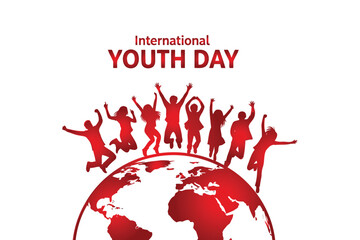 Group of multiethnic youths jump above earth globe in red for international youth day