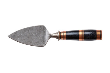 A decorative,  triangular-bladed  knife with a dark-colored,  banded handle