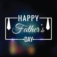 "Happy Father's Day vector badge with elegant white typography. Modern label design featuring a tie icon border on a dark, bokeh-filled background for greeting card art."