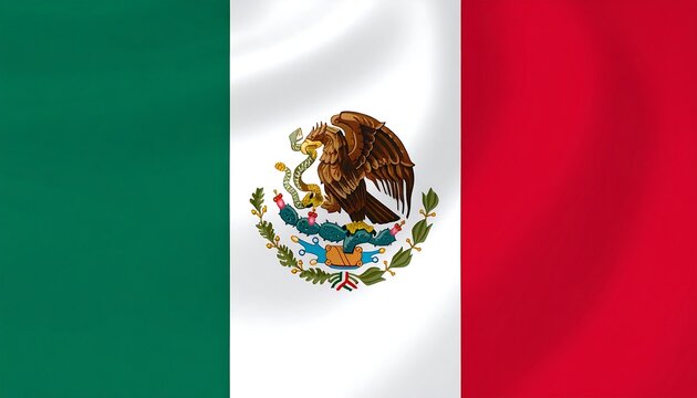 Mexican flag with green, white, and red vertical stripes, central eagle emblem holding snake on cactus