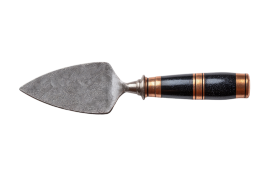 A decorative,  triangular-bladed  knife with a dark-colored,  banded handle