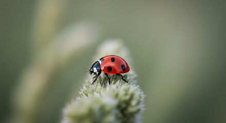 Fototapeta premium A small red spotted ladybug rests on a vibrant green leaf, captured in a close-up shot showing its black and red beauty in nature