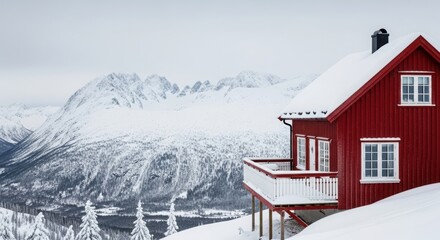A cozy red cabin nestled in a snowy mountain landscape during winter