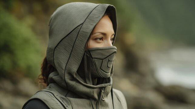 Woman in a hooded jacket by the water