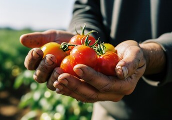 Farmer's hands holding a handful of fresh ripe cherry tomatoes