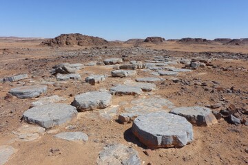 Desert landscape with flat, circular stones