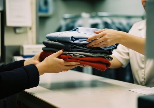 Customer picking up clean laundry from a dry cleaner