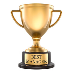Best Manager trophy, golden award cup with plaque. 3D rendering