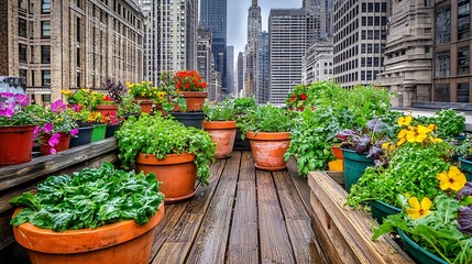 121. Urban rooftop garden with potted plants, wooden decking, and city skyline in the background