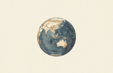 Hand drawn illustration of planet Earth features minimalist style with continents in gold against textured blue background. Unique planet design evokes nature, global connection, perfect for
