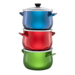 Stack of colorful cooking pots. Blue, red and green glossy cookware. 3D rendering